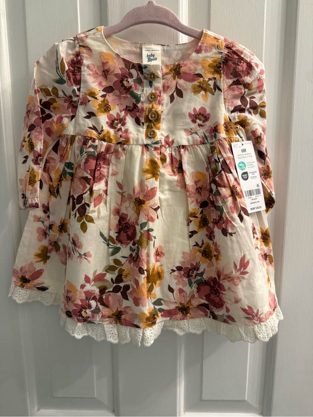 NWT Baby B’gosh Floral Fall Dress 6 Months Long Sleeve Eyelet Hem